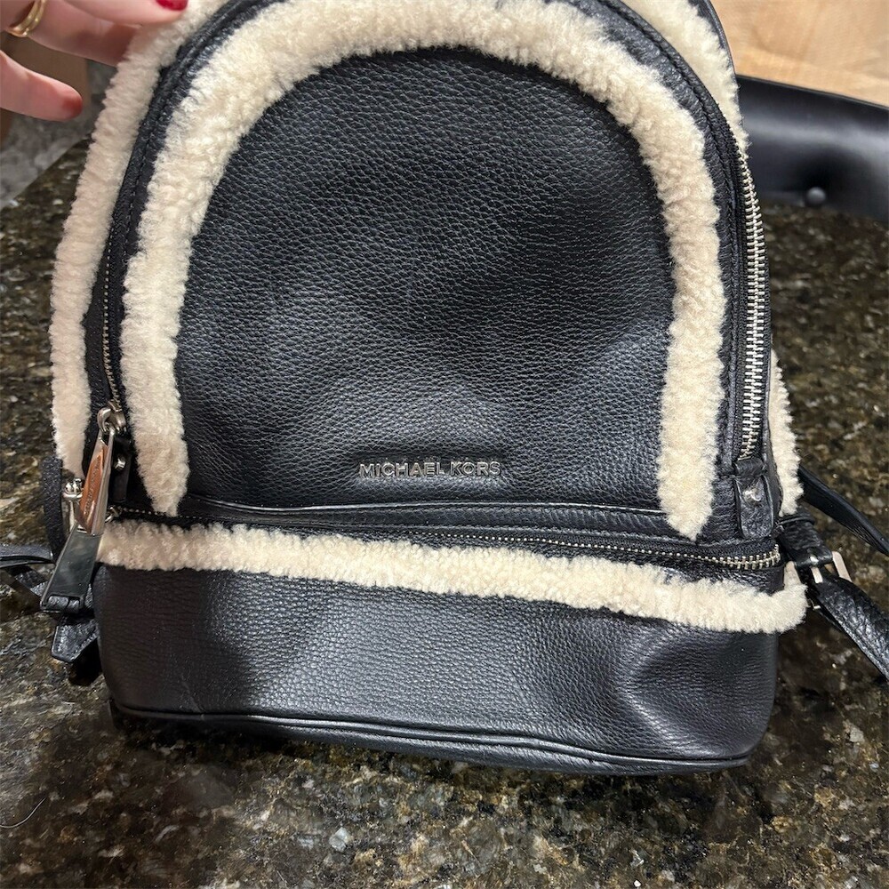 Michael Kors Rhea Zip Backpack Womens Medium Black Pebbled Leather Zip